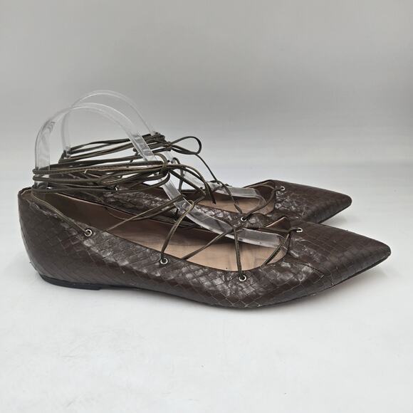 $268 J Crew Collection Snakeskin Lace-Up Flats Size 11 Olive Shoes Pointed Toe - Picture 1 of 7